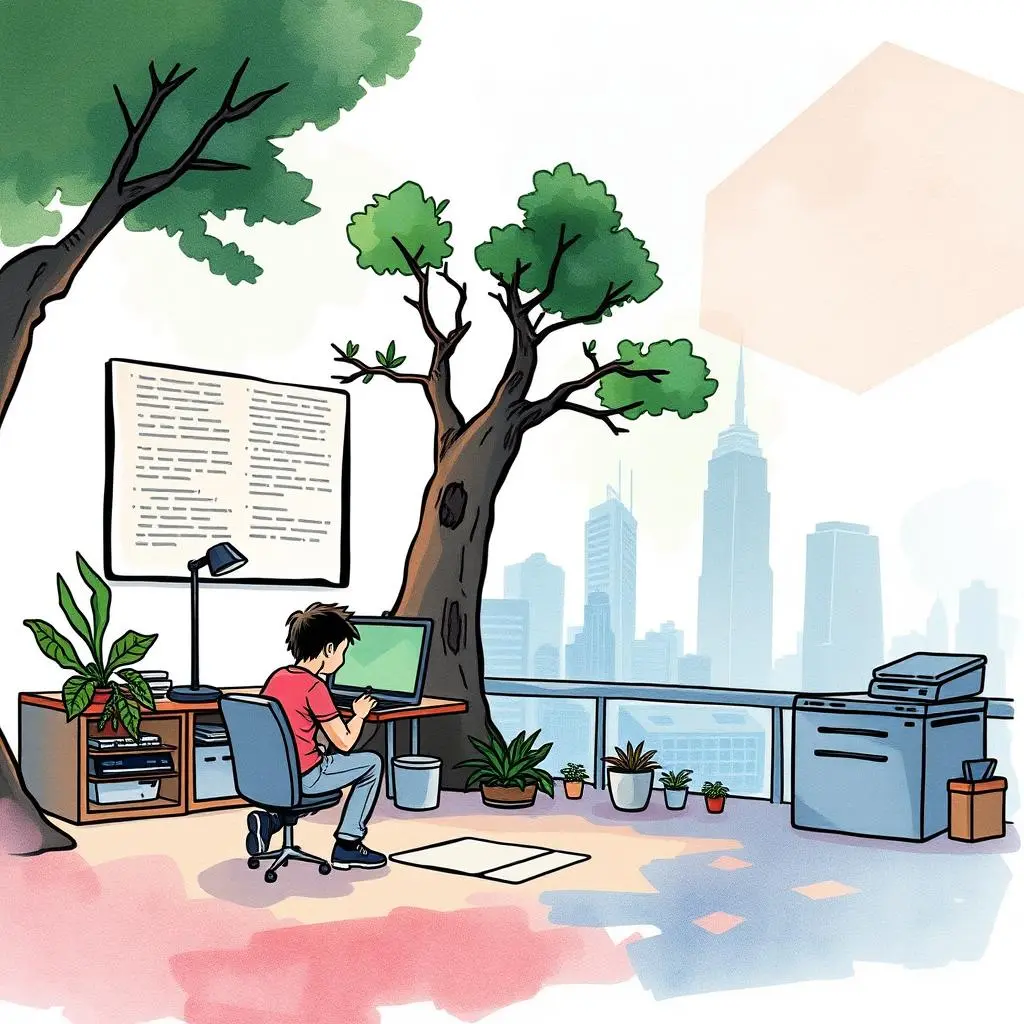 Text formatter: Transform raw text into structured data format 1 A person using a computer at a stylish workspace with greenery and city skyline views