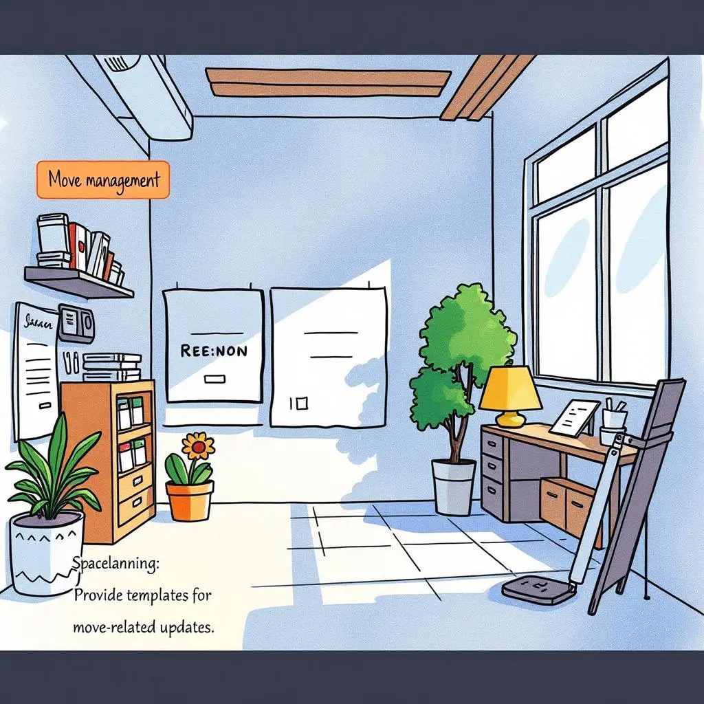 Change notification template generator: Provide templates for move-related updates 1 Concise workspace with shelves, plants, and a desk for creating move notification templates