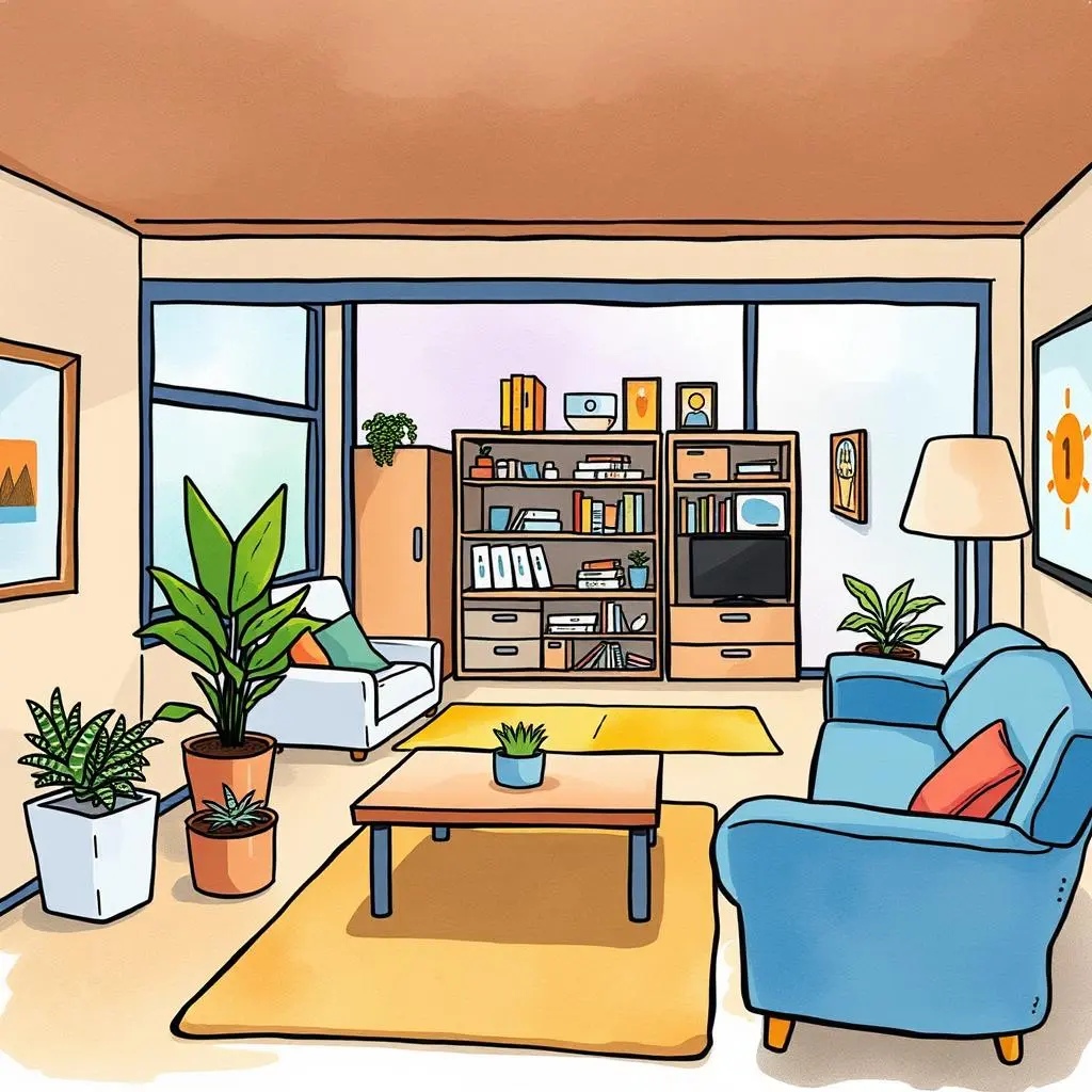 Employee inquiry response curator: Generate replies to relocation questions 1 A cozy office space featuring plants, comfortable seating, and a bookshelf filled with resources related to employee inquiries.