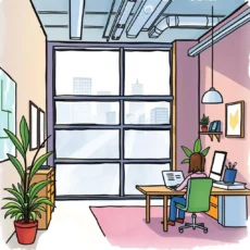 A modern office workspace with a person working on a laptop, plants, and large windows.