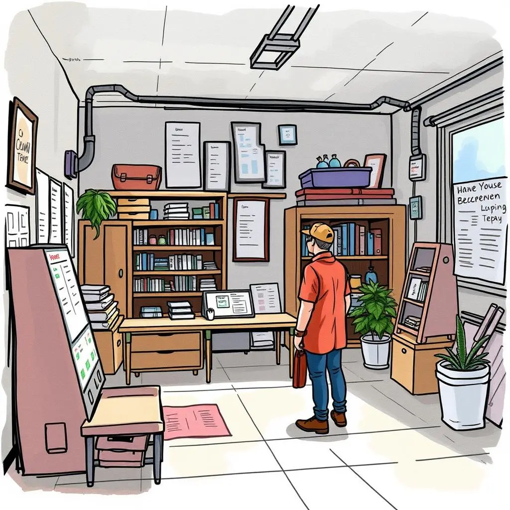 Inventory allocation communicator: Relay detailed space allocation summaries 1 Person observing a well-organized inventory space with shelves and plans.