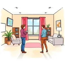 Two professionals discussing move details in a bright, open office space.