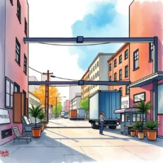 Illustration of a vibrant street scene with logistics and urban planning elements.