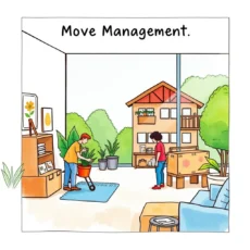 Illustration of an office transition scene with plants and moving boxes.