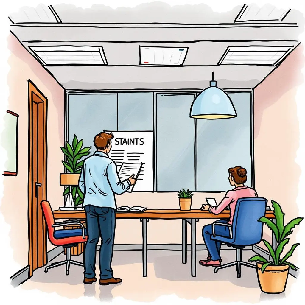 Team meeting reminder maker: Notify employees about relocation meetings 1 Employees discussing relocation details in a modern meeting room.