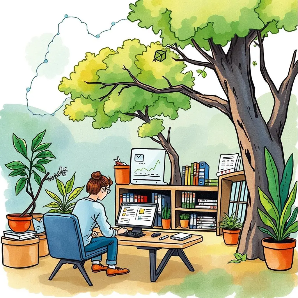 Content clarity enhancer: Simplify complex market reports for better understanding 1 A person working on a laptop in a bright, nature-inspired office with plants around them.