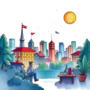 Industry report synthesizer: Compile and summarize industry reports for easy understanding 10 A person reads a document while overlooking a vibrant cityscape with a modern skyline.