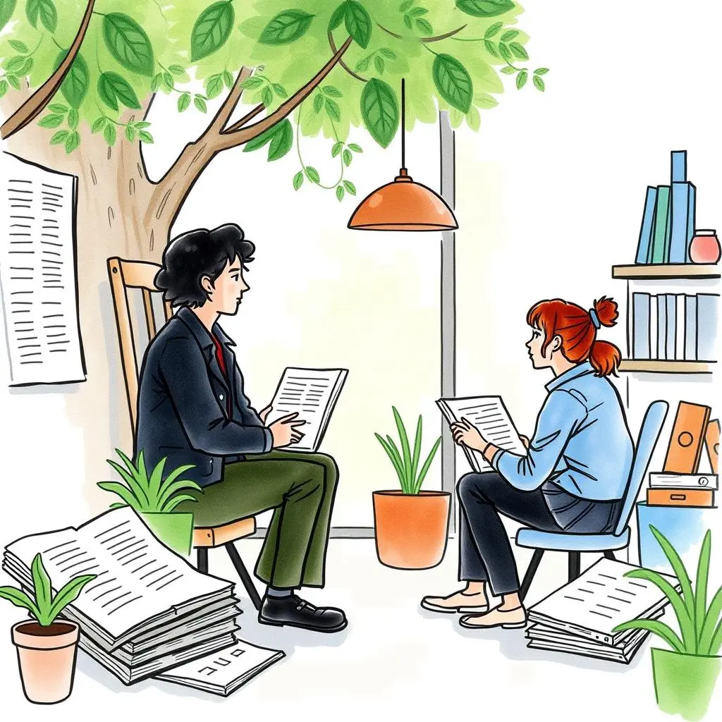Keyword extractor: Identify significant terms from market research texts 1 Two market analysts discuss research papers in a cozy office.