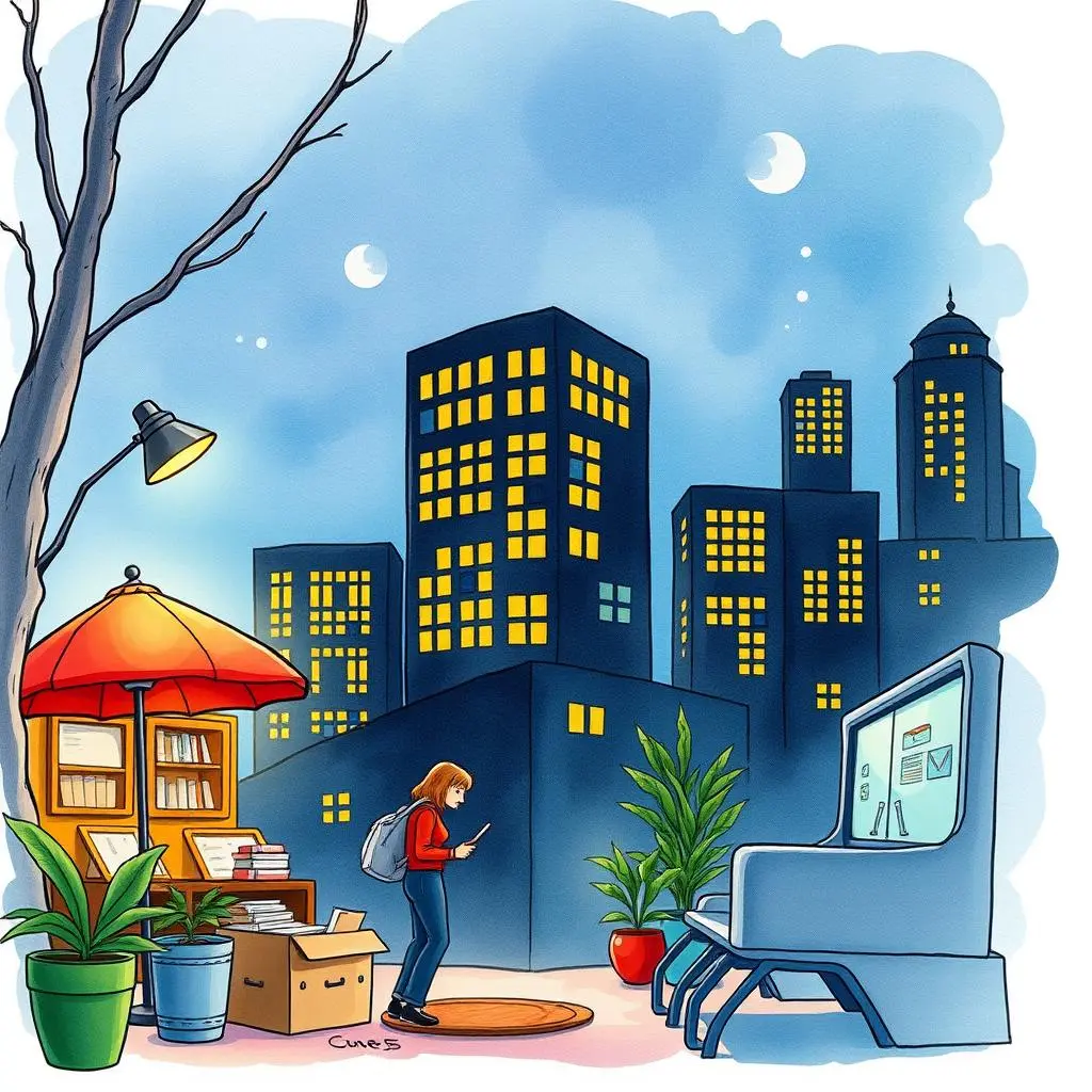 Market dynamics narrator: Generate narratives on evolving market dynamics and forces 1 A person explores market insights among urban scenery, blending technology and nature's elements