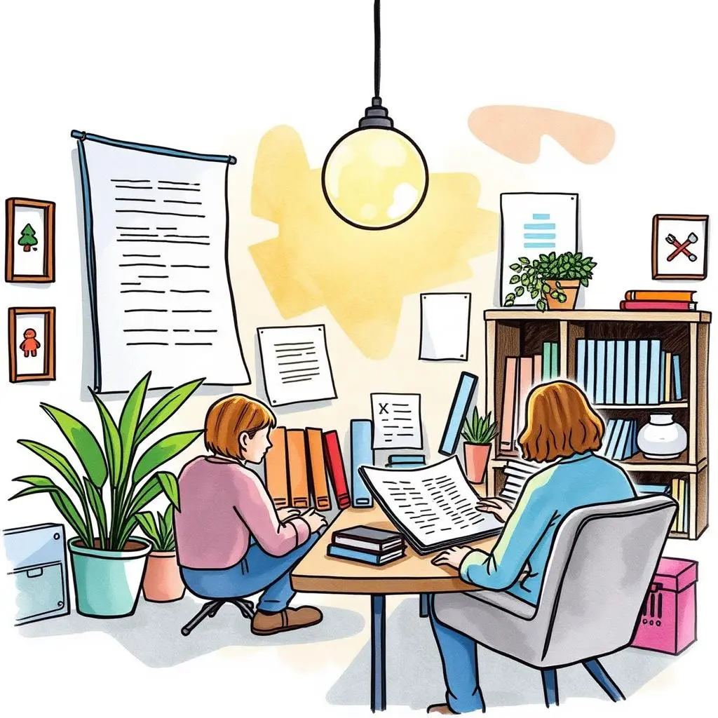 Market insights squeezer: Extract critical conclusions from lengthy research documents 1 A busy workspace showcasing two individuals analyzing documents and data for market insights