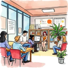Meeting room scene with stakeholders discussing feedback analysis tools.
