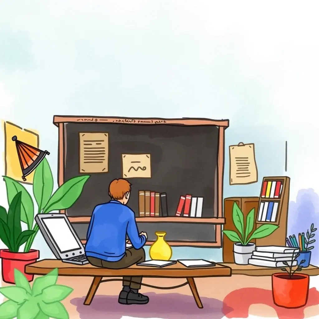 Trend identifier: Discover emerging patterns in textual data 1 A person analyzing data in a serene office space with books, plants, and a laptop.