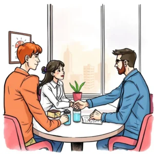 Negotiation replay simulator: Simulate negotiations to refine agreement terms 4 A group of professionals engaging and shaking hands during a negotiation meeting in an office setting.