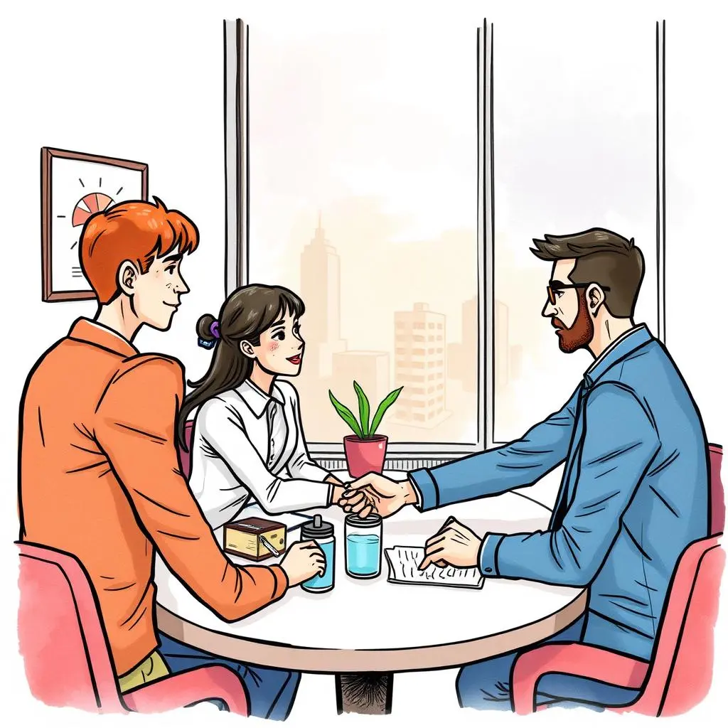 Negotiation replay simulator: Simulate negotiations to refine agreement terms 1 A group of professionals engaging and shaking hands during a negotiation meeting in an office setting.