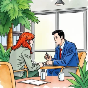 A professional conversation between a man in a suit and a woman in a business meeting.