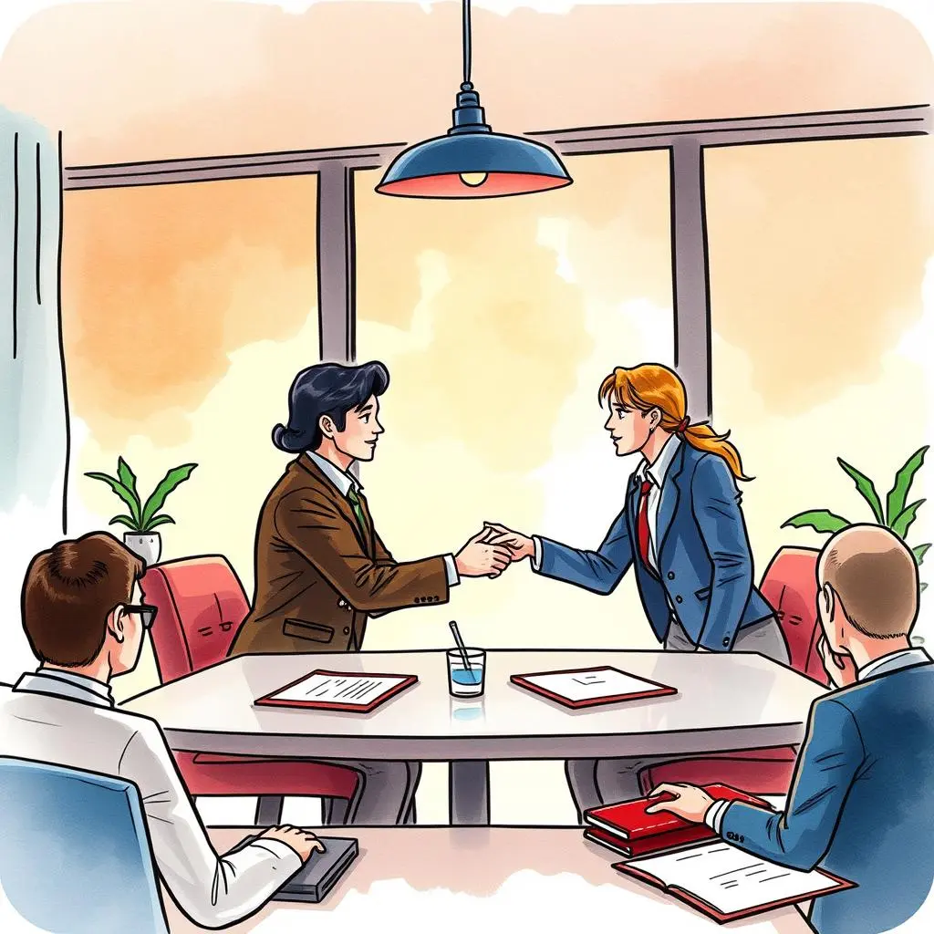 Agreement language optimizer: Enhance the precision of contractual terms 1 A business meeting featuring a handshake between corporate negotiators in a modern office setting