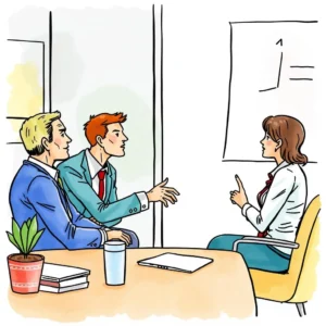 Deal result evaluator: Evaluate effectiveness of negotiated deals 7 Two business professionals discuss a negotiation strategy with a female presenter in a meeting room.