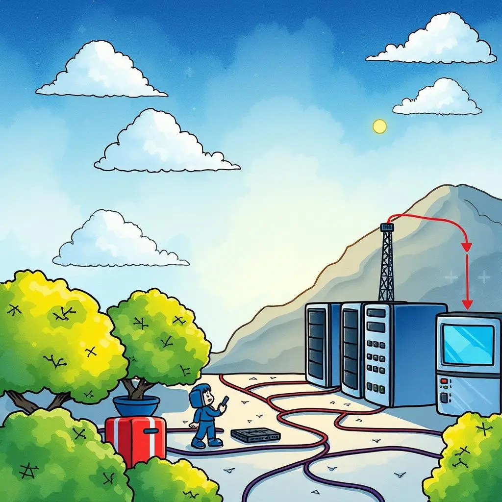 Ip address allocator: Generate structured IP allocation plans 1 A network technician working on IP allocation near servers and communication towers in a vibrant landscape.