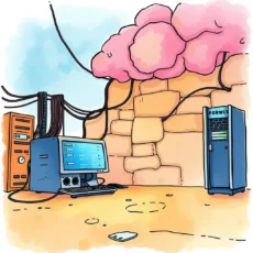 A colorful illustration of a network setup with computers and cables.