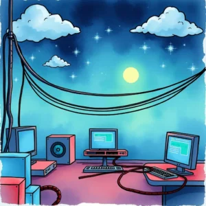 Illustration of a whimsical network setup showcasing it tools and connectivity.