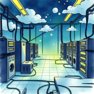 Illustration of a data center with servers and networking equipment.
