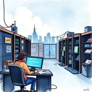 It specialist summarizing ticket closures in a modern server room.
