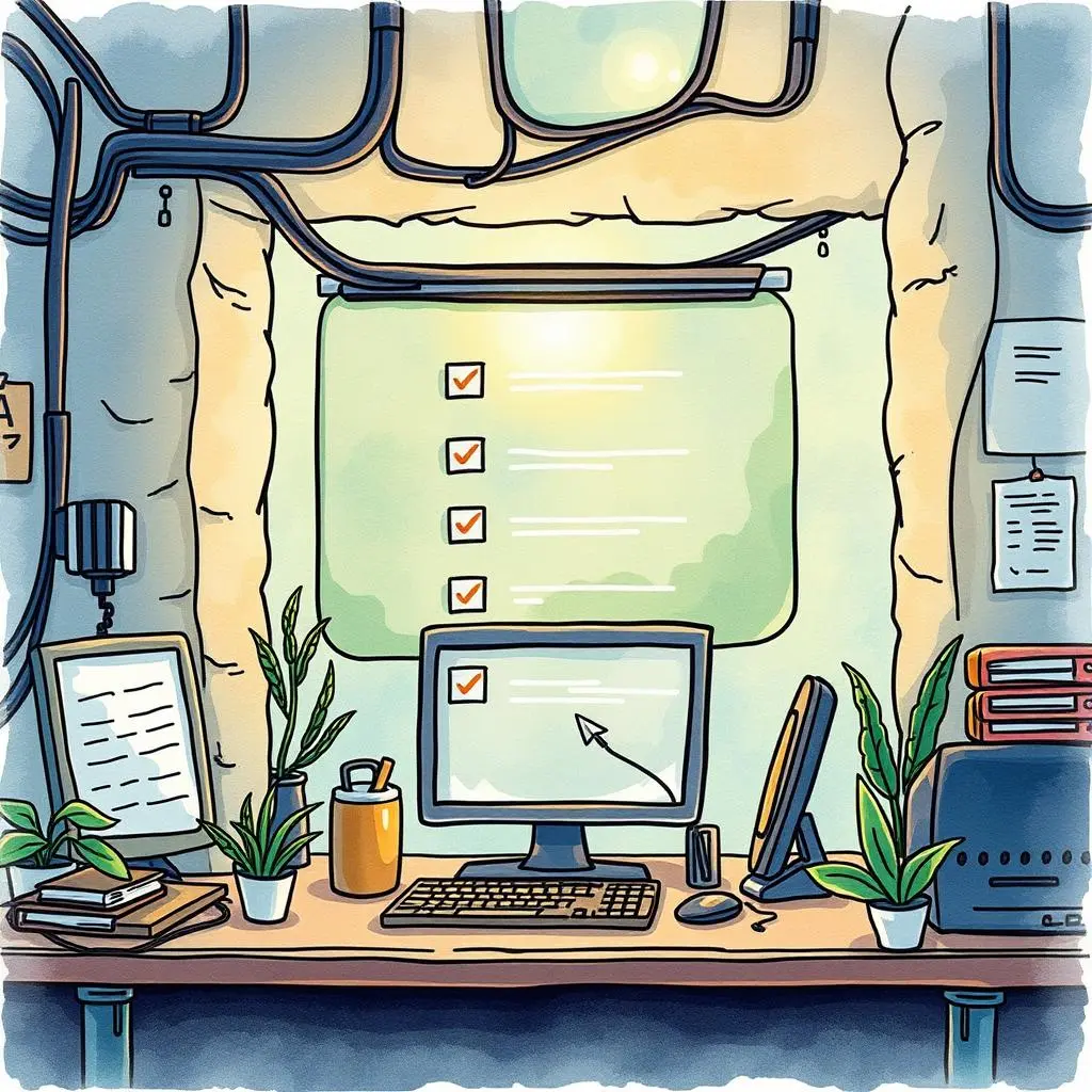 Troubleshooting documentation generator: Produce step-by-step troubleshooting documentation 1 A workspace with a computer, checklist, and plants for troubleshooting documentation.