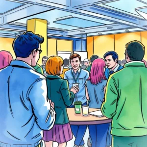 Networking interaction summary: Capture key takeaways from events 3 Group of professionals networking and discussing at an industry event.