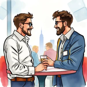 Two professionals engaging in networking during an event, with iconic city skyline in the background.