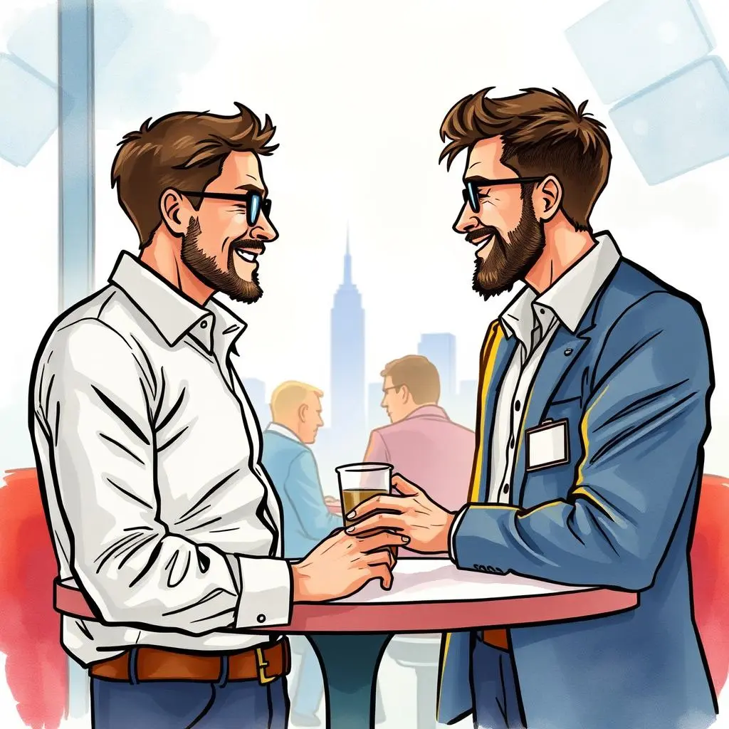 Two professionals engaging in networking during an event, with iconic city skyline in the background.