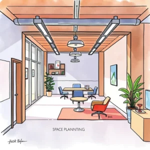 Occupancy analysis assistant: Generate insights on space usage effectiveness 4 A modern office space illustrating optimal layout strategies for effective occupancy analysis