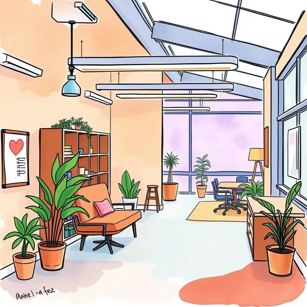 Space utilization insights tool: Summarize and assess space efficiency data 1 A modern office space featuring plants, furniture, and natural light for efficiency assessment