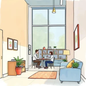 Workspace Change Consultant meeting in a modern office setup with plants and natural light.