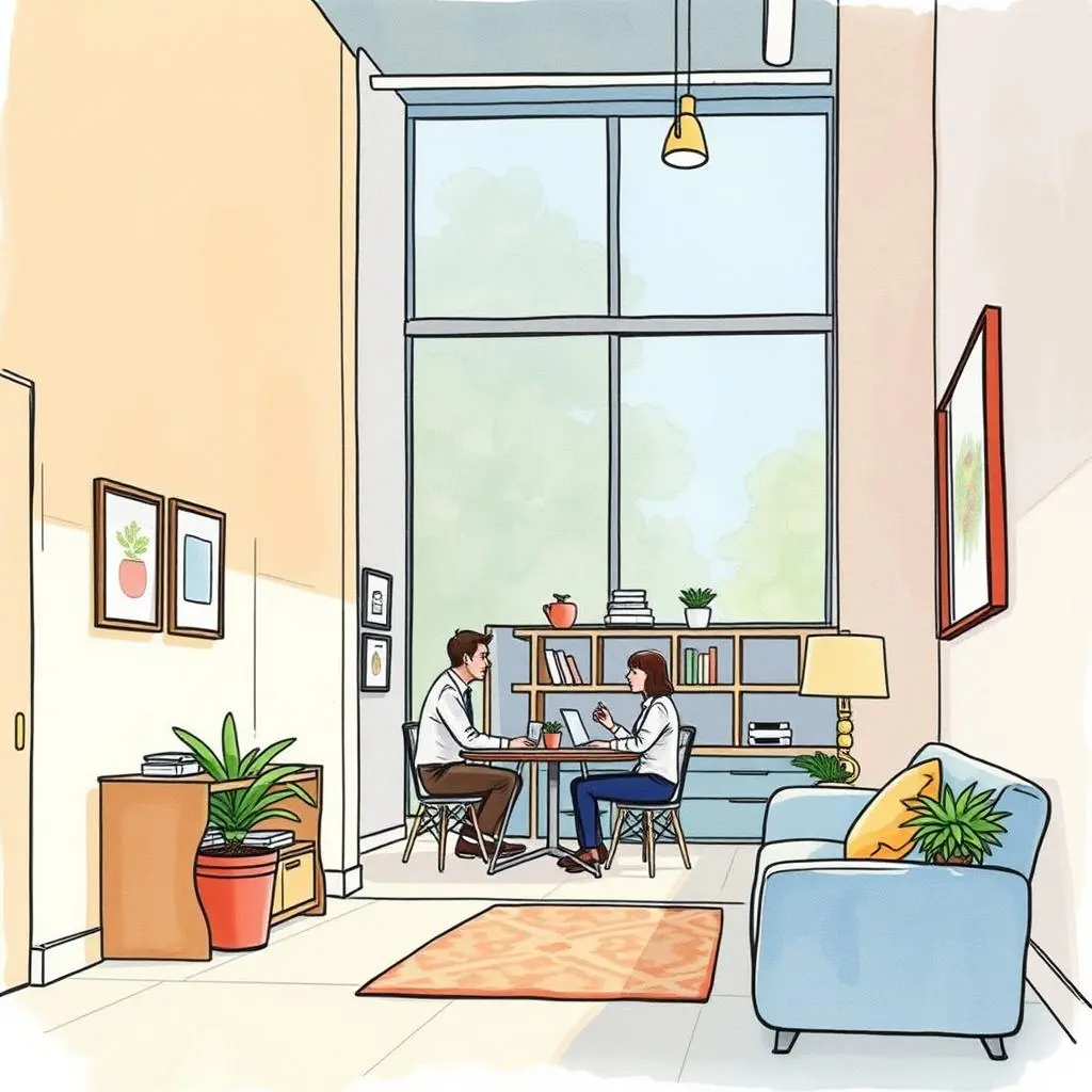 Workspace change consultant: Provide insights on occupancy adjustments 1 Workspace Change Consultant meeting in a modern office setup with plants and natural light.