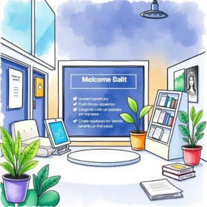 Welcome space for new hires featuring a large welcome board, plants, and informational materials about benefits.