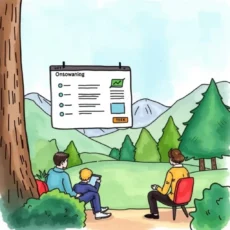 Employees reviewing a personalized benefits orientation tool outdoors.
