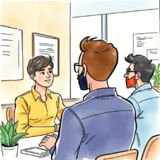 New hire feedback compilation meeting with participants discussing onboarding experiences