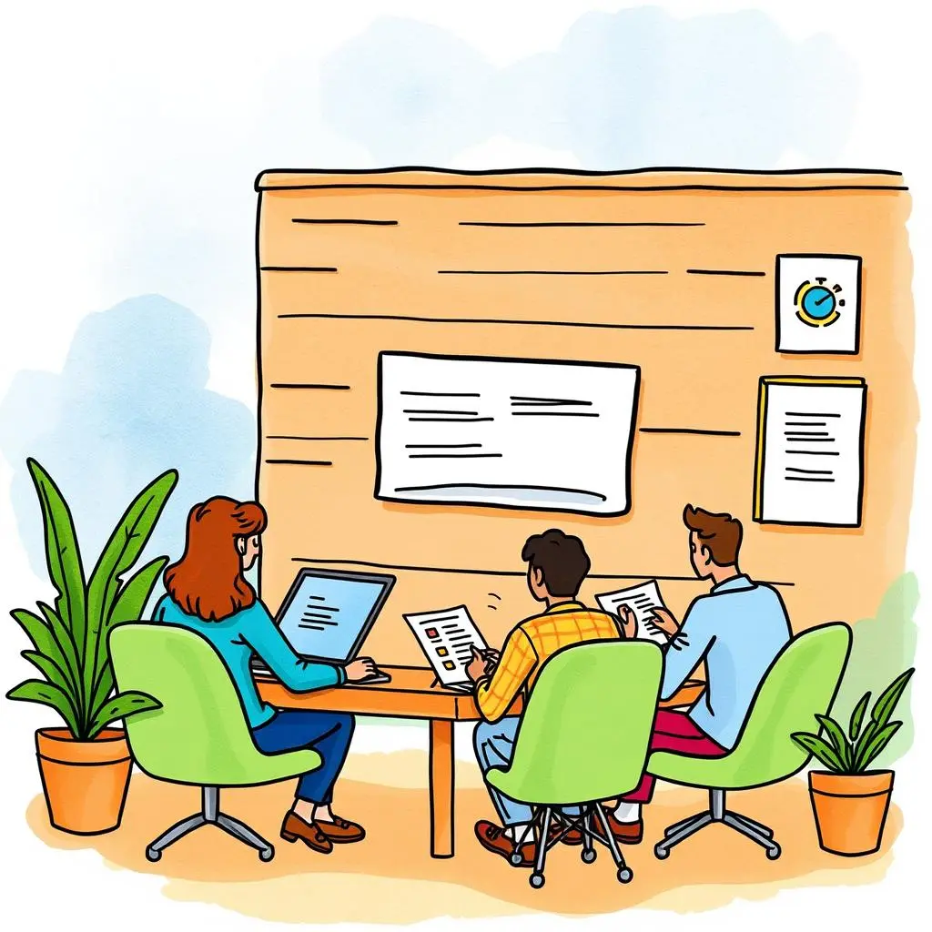 Onboarding experience reviewer: Create reports on onboarding satisfaction 1 Onboarding team members collaborating at a desk with laptops and reports in a bright office setting