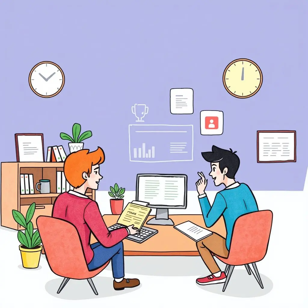 Two colleagues collaborate on onboarding resources in a modern office.