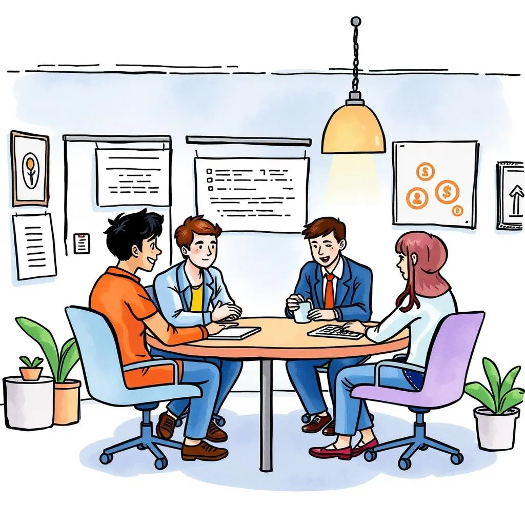 Role-specific onboarding guide: Develop specific guides for different positions 1 Role-specific onboarding meeting with diverse professionals collaborating at a table