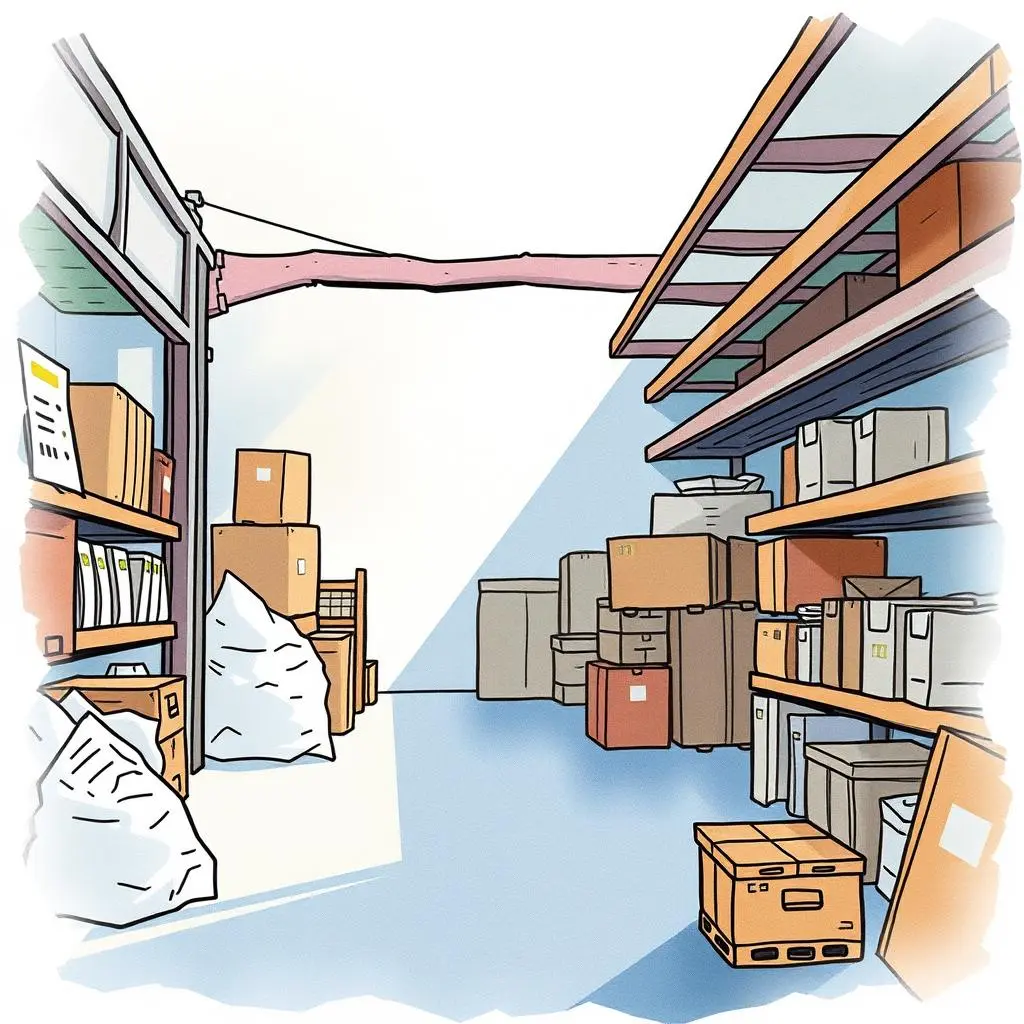 Customer notification generator: Automatically notify customers about their orders 1 A cluttered storage room filled with boxes and supplies relevant to order fulfillment operations