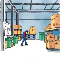 Logistics Quality Control Specialist inspecting the order fulfillment area for quality compliance in a warehouse.