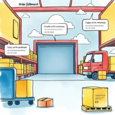 Order fulfillment warehouse scene with packages and a delivery truck in a vibrant, illustrated style