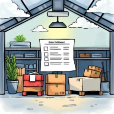 Illustration of a storage area showcasing order fulfillment tasks and packages.