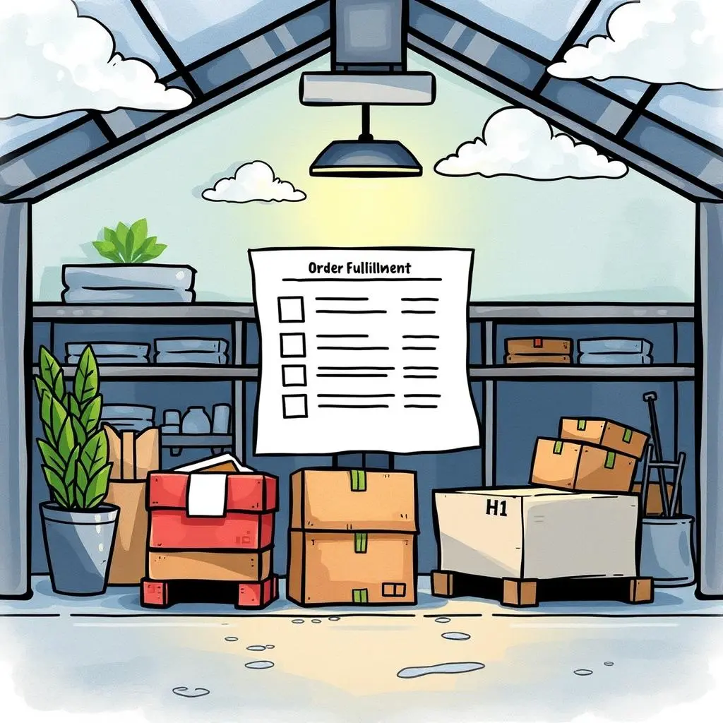 Order data formatter: Streamline your order details processing 1 Illustration of a storage area showcasing order fulfillment tasks and packages.
