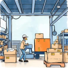 Quality Control specialist working in a warehouse alongside boxes and equipment.