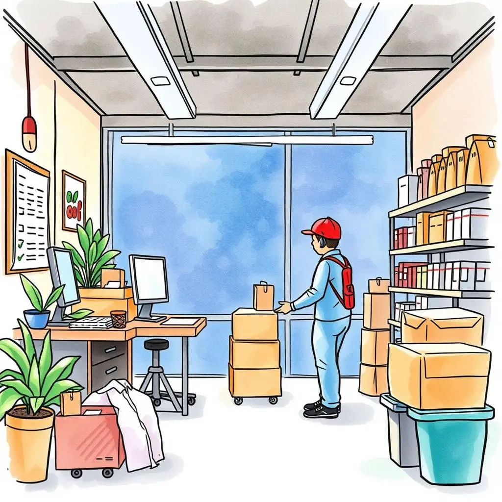 Delivery schedule optimizer: Enhance tracking of delivery timelines 1 A person organizing delivery boxes in an office setting, representing logistics coordination for order tracking.