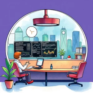 Employee analyzing data at desk with city skyline backdrop.