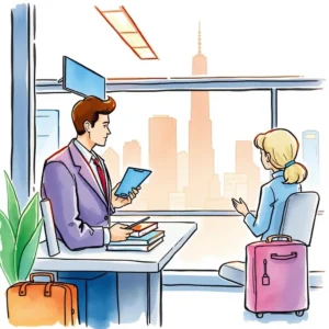 Travel Coordinator assisting a colleague with travel arrangements in a city office setting