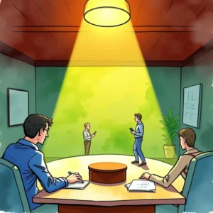 A negotiation scene with individuals discussing strategies in a well-lit conference room